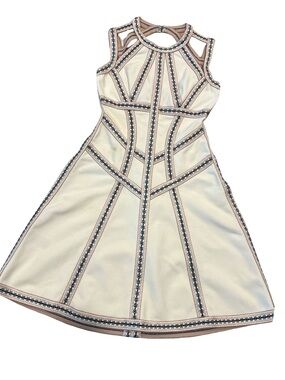 Herve Leger Ivory Midi Dress with Navy Trim Honeycomb Jacquard Fit